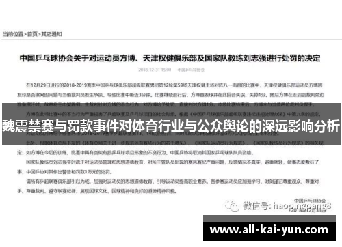 魏震禁赛与罚款事件对体育行业与公众舆论的深远影响分析